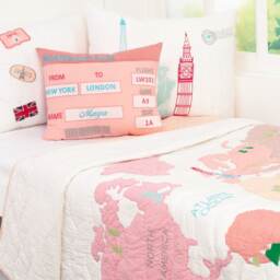 World Map Kids Bedding Set - Pink Girls Room Decor, Personalized Quilt - thumbnail 2