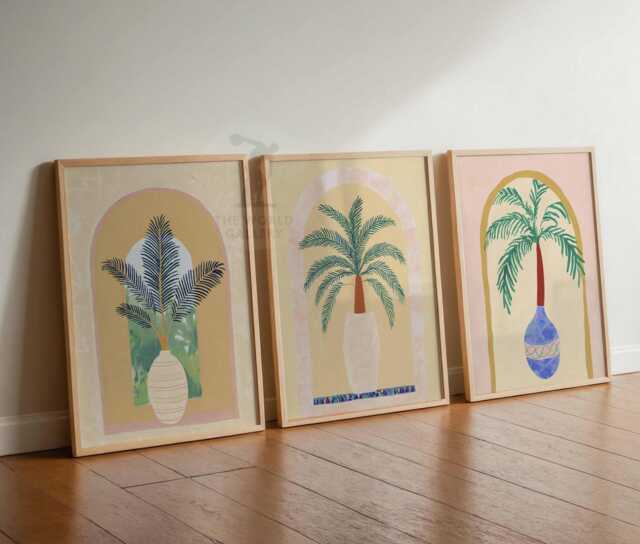 Set Of 3 Palm Tree Posters, Tropical Vase Wall Art, Boho Arch Botanical Prints, Colorful Leaf Decor, Mediterranean Plant Illustration - image 1
