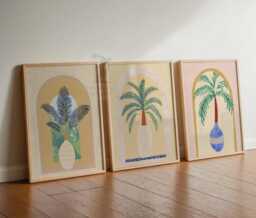 Set Of 3 Palm Tree Posters, Tropical Vase Wall Art, Boho Arch Botanical Prints, Colorful Leaf Decor, Mediterranean Plant Illustration - thumbnail 1