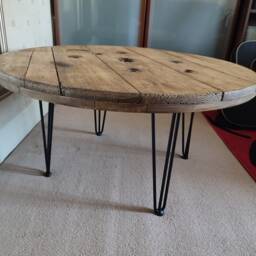 Reclaimed Wood Coffee Table, Round Rustic Industrial Style With Hairpin Legs - thumbnail 3