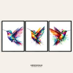Hummingbird Wall Art Print - Set Of 3 Posters - Watercolor Painting Watercolour Picture Home Bird Gifts Humming Decor - thumbnail 1