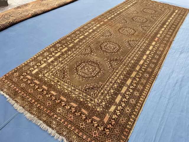 Handmade Turkmen Runner Rug 3x9, Wool Geometric Medallion Hallway Rug, Muted Gold & Taupe Brown Runner, Long Entryway Tribal - image 1