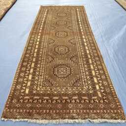 Handmade Turkmen Runner Rug 3x9, Wool Geometric Medallion Hallway Rug, Muted Gold & Taupe Brown Runner, Long Entryway Tribal - thumbnail 2