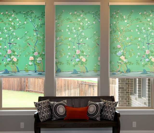 Elegant Green Floral Chinoiserie With Birds & Blossom Custom Made Printed Window - Vnt-33 Roller Blind Opaque Or Blackout Shade, Cord(Less - image 1