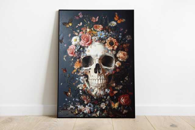 Floral Skull Art Print Flowers & Butterflies Wall Decor - image 1