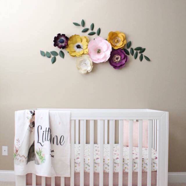 Plum Nursery Decor, Mustard Yellow Flower, Jewel Tone Nursery, Pink Flower Wall, Eggplant Purple Paper - image 1