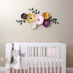 Plum Nursery Decor, Mustard Yellow Flower, Jewel Tone Nursery, Pink Flower Wall, Eggplant Purple Paper - thumbnail 1