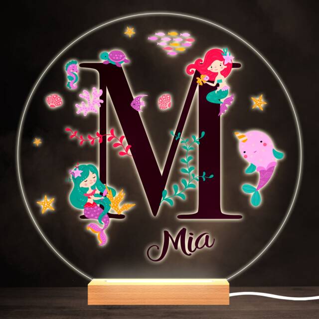 Sealife With Mermaids Alphabet Letter M Round Personalised Gift Lamp Night Light - Bedroom - image 1