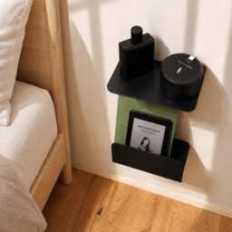 Black Metal Floating Nightstand, Modern Narrow Bedside Shelf, Wall Mounted Side Table, Minimalistic Handmade Furniture For Bedroom - thumbnail 3