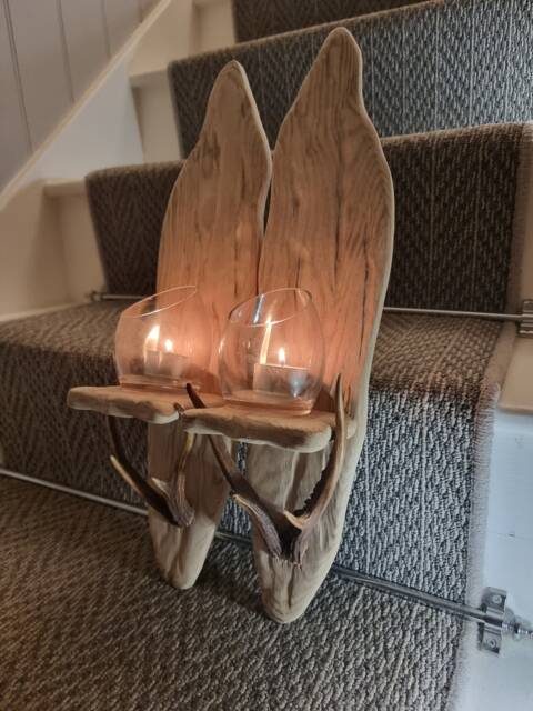 Pair Of Handmade Solid Oak & Real Deer Antler Rustic Candle Sconces . Height 48 cm , Width 11 Candles /Glass Not Included - image 1