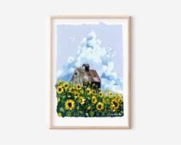 Sunflower Field Art Print Cozy Cloudscape Illustration - thumbnail 1