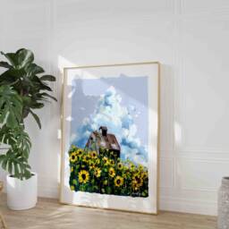 Sunflower Field Art Print Cozy Cloudscape Illustration - thumbnail 2