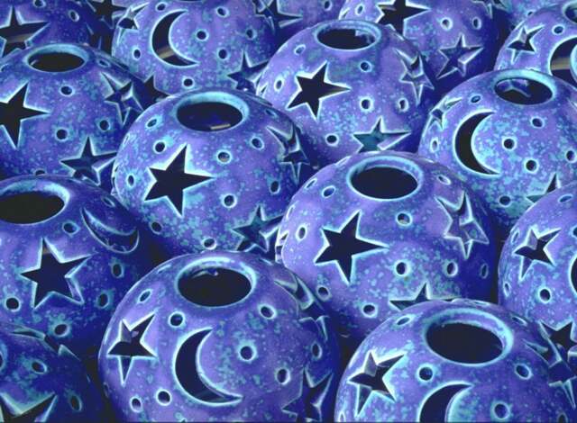 Celestial Ceramic Candleholder, Blue Stars & Moon Lantern, Velvet Purple Candileria???, Starry Night Pottery - image 1