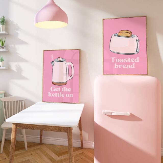 Get The Kettle On & Toasted Bread Kitchen Wall Print Set in Pink, Art Print, Toaster Pink