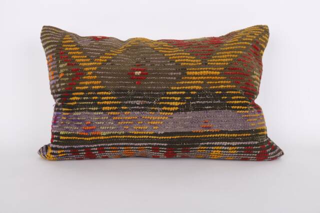 Handwoven Turkish Kilim Lumbar Pillow Bohemian Home Decor - 16x24 Inch - image 1