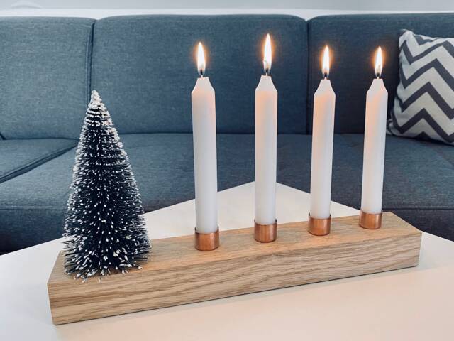 Modern Minimalist Advent Wreath Made Of Oak & Copper Plus White Table Candle Mini Fir Holder Wood - image 1