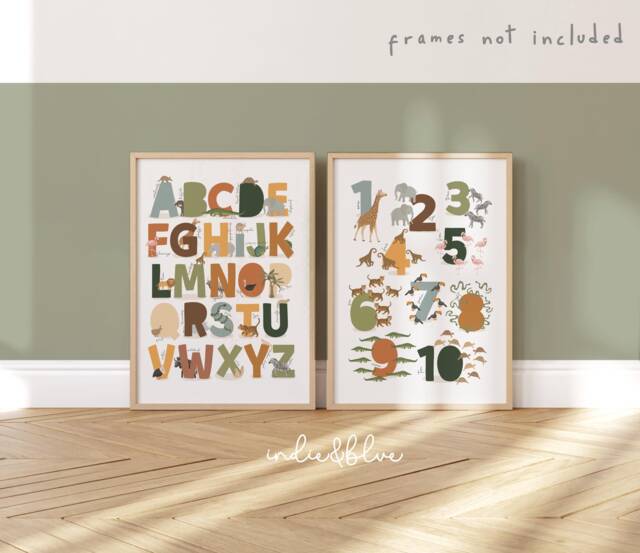 Set Of 2 Safari Alphabet Numbers Print, Abc Animals Scandi Nursery Educational Playroom Prints, Kids Art - image 1