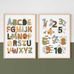 Set Of 2 Safari Alphabet Numbers Print, Abc Animals Scandi Nursery Educational Playroom Prints, Kids Art - thumbnail 3