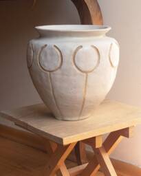 Handmade Large White Stoneware Planter, Minimal Carved Design - thumbnail 1