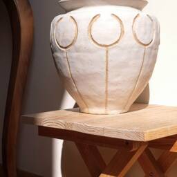 Handmade Large White Stoneware Planter, Minimal Carved Design - thumbnail 2