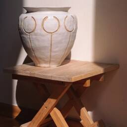 Handmade Large White Stoneware Planter, Minimal Carved Design - thumbnail 3