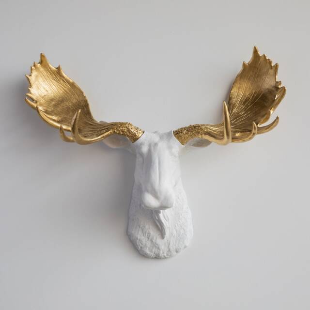 Faux Taxidermy Moose Head Wall Mount - Decor White & Gold M0108 - image 1