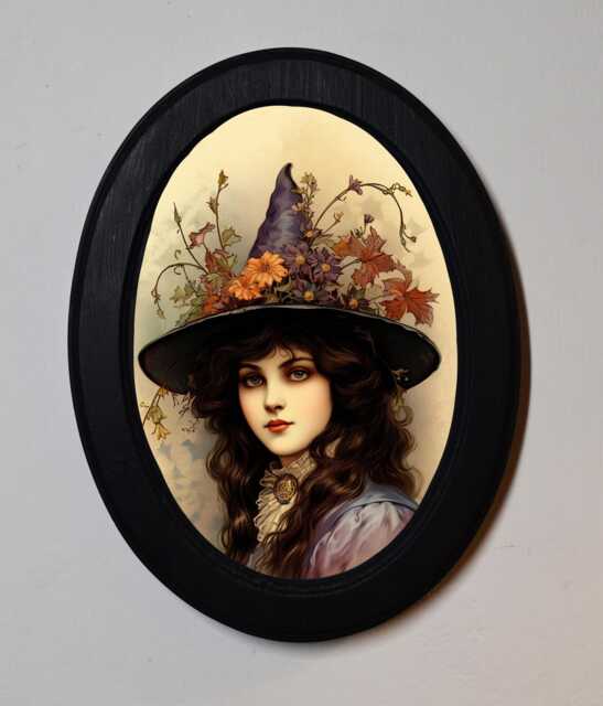 Halloween Black Oval Wooden Framed Picture, Gothic Print, Witchy Wall Hanging, Portrait Of A Witch - image 1