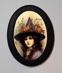 Halloween Black Oval Wooden Framed Picture, Gothic Print, Witchy Wall Hanging, Portrait Of A Witch - thumbnail 1