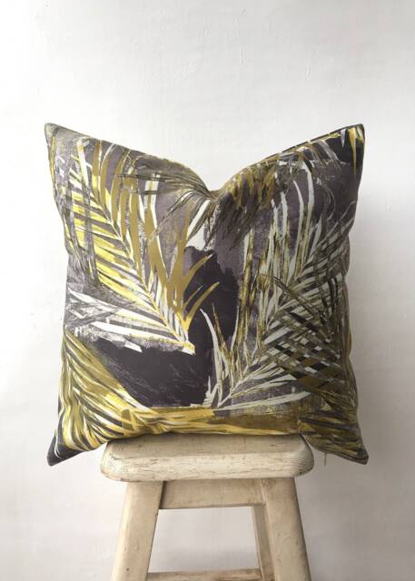 Grey Olive Green & Yellow Pillow Cover , Leaf Couch Branch Cushion Case Fern Palm Throw Pillow, Tropical Euro Sham - image 1