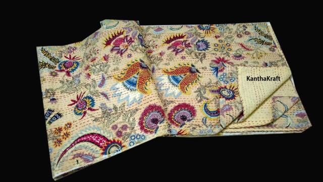 Handmade Kantha Quilt, Queen Size Bedspread, Indian Throw, Cotton Quilts, 100% Cotton Reversible Throw King Bedcover - image 1