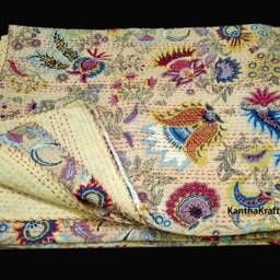 Handmade Kantha Quilt, Queen Size Bedspread, Indian Throw, Cotton Quilts, 100% Cotton Reversible Throw King Bedcover - thumbnail 3