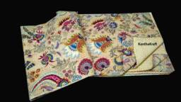 Handmade Kantha Quilt, Queen Size Bedspread, Indian Throw, Cotton Quilts, 100% Cotton Reversible Throw King Bedcover - thumbnail 1