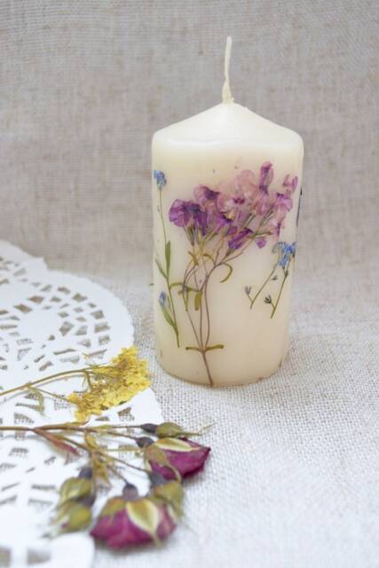 Spring Floral Botanical Pillar Candle - Real Flower - Wedding Decor Bridal Shower Favors Handmade Gift For Mom Or Girlfriend - image 1