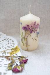 Spring Floral Botanical Pillar Candle - Real Flower - Wedding Decor Bridal Shower Favors Handmade Gift For Mom Or Girlfriend - thumbnail 1