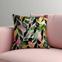 Watercolor Leaf Cushion Cover, Vibarant Colors Bold Botanical Print Pillow Case, Black Accents Home Decor, Artistic Modern Cover - thumbnail 2