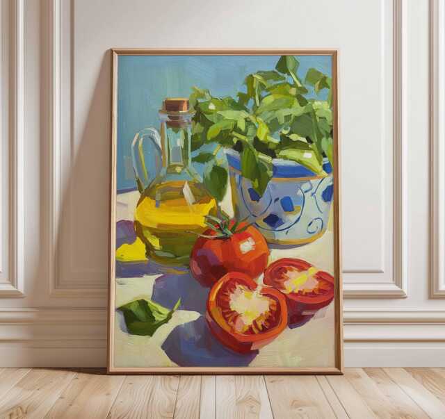 Mediterranean Kitchen Art Print - Tomato Basil Olive Oil Poster Still Life Painting Style Wall Rustic Italian Decor - image 1