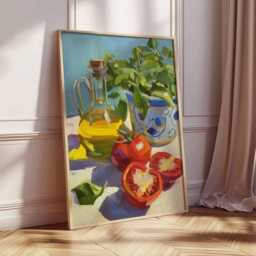 Mediterranean Kitchen Art Print - Tomato Basil Olive Oil Poster Still Life Painting Style Wall Rustic Italian Decor - thumbnail 2