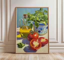 Mediterranean Kitchen Art Print - Tomato Basil Olive Oil Poster Still Life Painting Style Wall Rustic Italian Decor - thumbnail 1