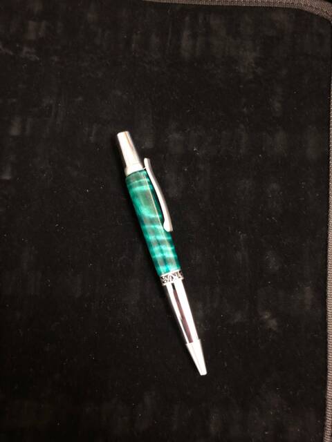 Beautiful, Hand-Crafted Wood Pen, Curly Poplar, Teal Stabilized, Stunning Depth & Movement, Elegant Chrome Fittings - Wow - image 1