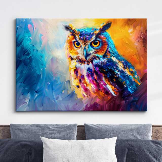 Majestic Owl Animal Abstract Rainbow Oil Painting Splatter Style Wall Art Framed Canvas Poster Print, Home/Office Room Decor Gifts - image 1