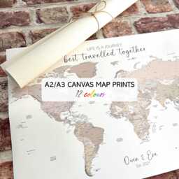 Personalised A2/A3 Unframed Canvas World Map, Vintage Or Modern Wall Art, Make Your Own Pinboard Colouring Map - thumbnail 1