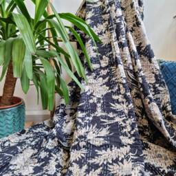 Kantha Stitch Pure Cotton Reversible Bed/Sofa Throw King Size Handmade Floral Indian Dohar Elegant Black Beige Oriental Gardenia Botanical - thumbnail 3