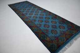 Blue 2x6 Ft Short Runner Rug, Handmade Wool Rug, Tekke Mowri Gul Design Rug Afghan Runner, Turkmen Tribal Hallway Entry Way - thumbnail 1