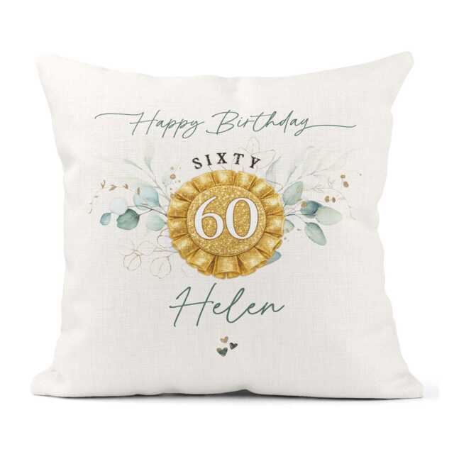 Personalised 60Th Birthday Cushion - Eucalyptus Sixty, Friend, Wife, Sister For Her Gift - image 1