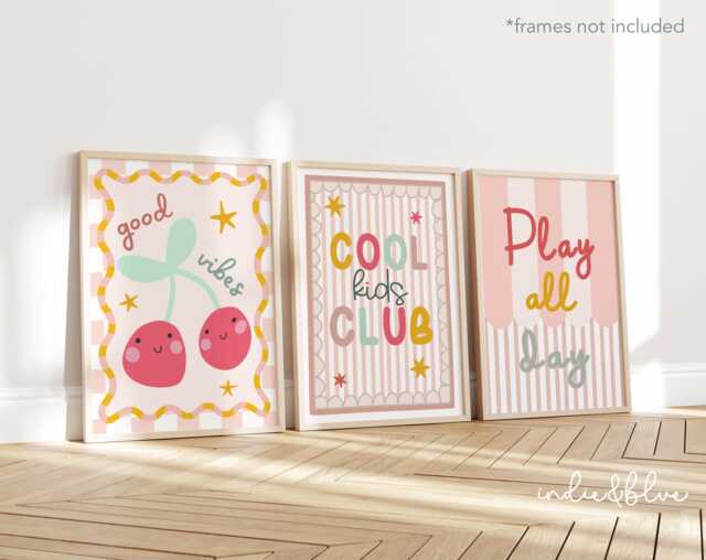 Set Of 3 Girls Prints in Pink & Mustard Yellow, Cool Kids Club, Play All Day, Good Vibes Cherry Print, Girl Bedroom Decor - image 1