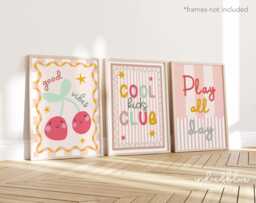Set Of 3 Girls Prints in Pink & Mustard Yellow, Cool Kids Club, Play All Day, Good Vibes Cherry Print, Girl Bedroom Decor - thumbnail 1