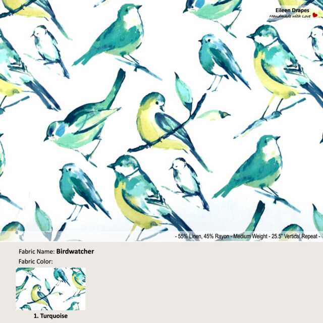 Birdwatcher Color Turquoise Watercolor Bird Floral Green Linen Blend Curtain, Valance Pleated, Lined Drapery Panel Offered As Upgrades - image 1