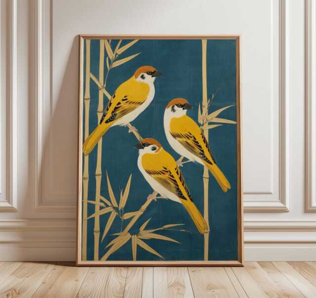 Sparrow Wall Art Poster, Japanese Style Bird Print, Yellow Bamboo Illustration Decor - image 1