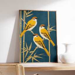 Sparrow Wall Art Poster, Japanese Style Bird Print, Yellow Bamboo Illustration Decor - thumbnail 2