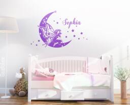 Wall Tattoo Fairy On The Moon With Desired Name Child Baby Wall Sticker Decal Girl Children's Room Decoration Wk01